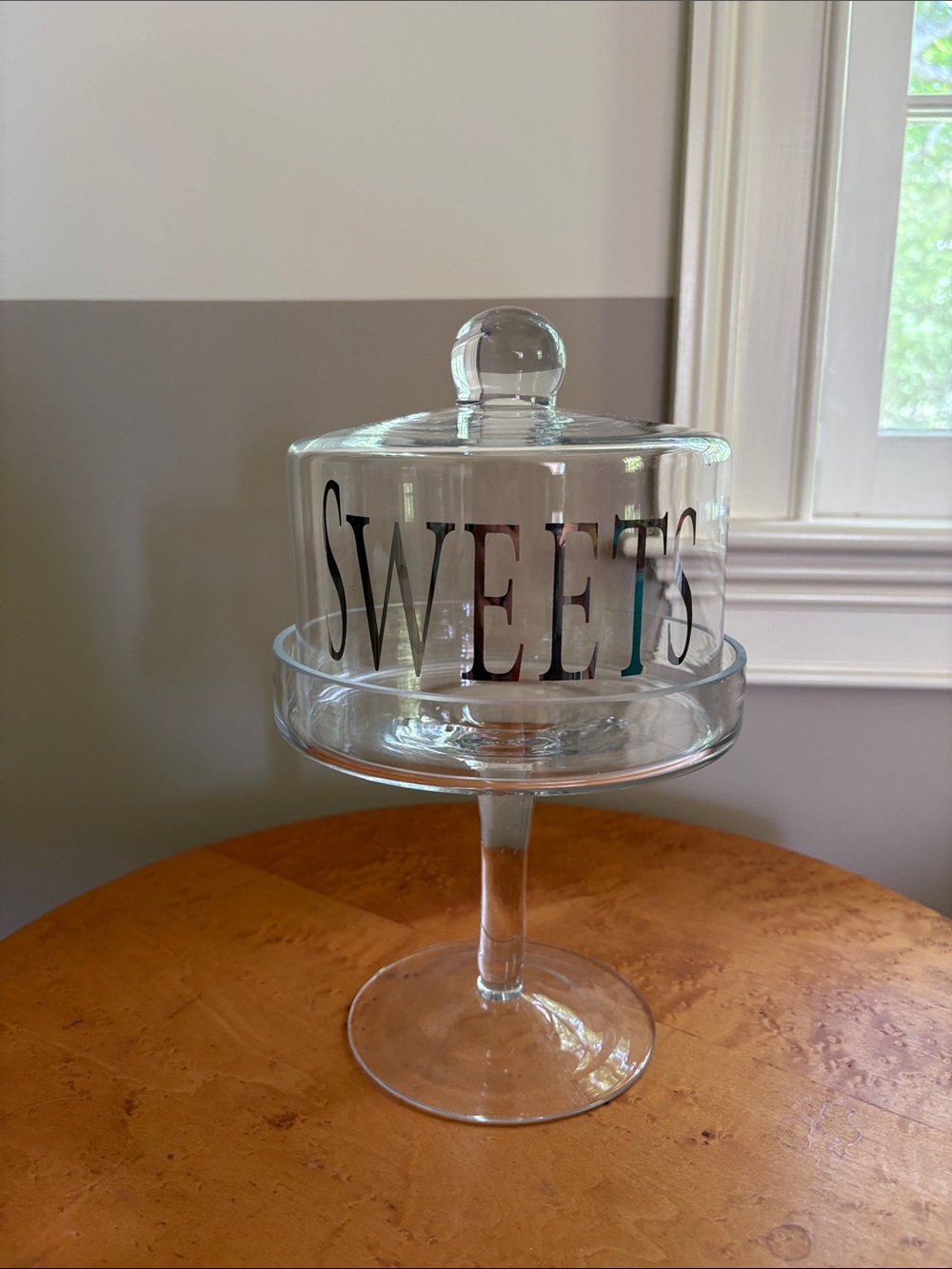 Glass Pedestal Dessert Stand with 'SWEETS' on it